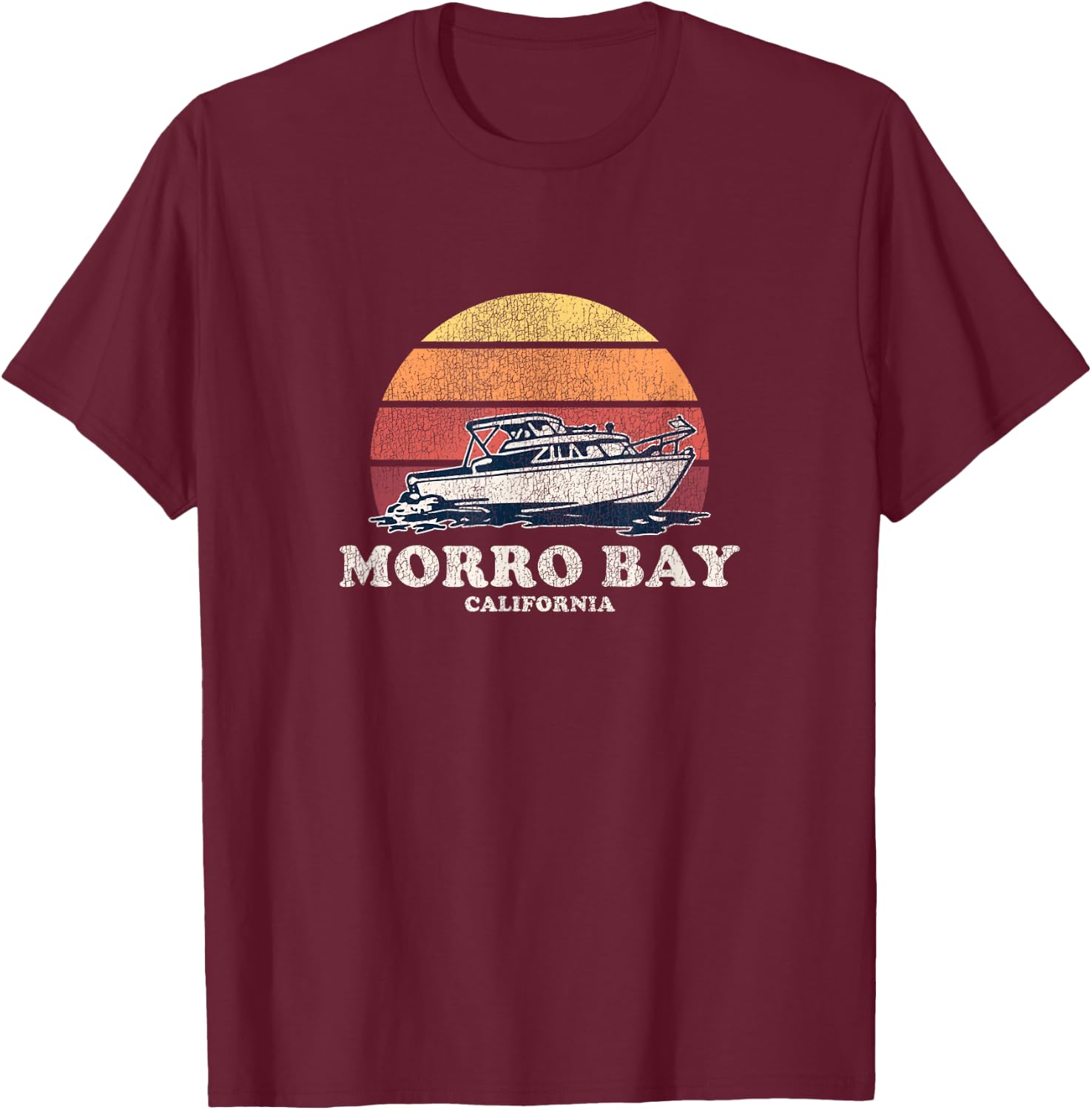 Morro Bay CA Vintage Boating 70s Retro Boat Design T-Shirt - T-Shirt | Maroon