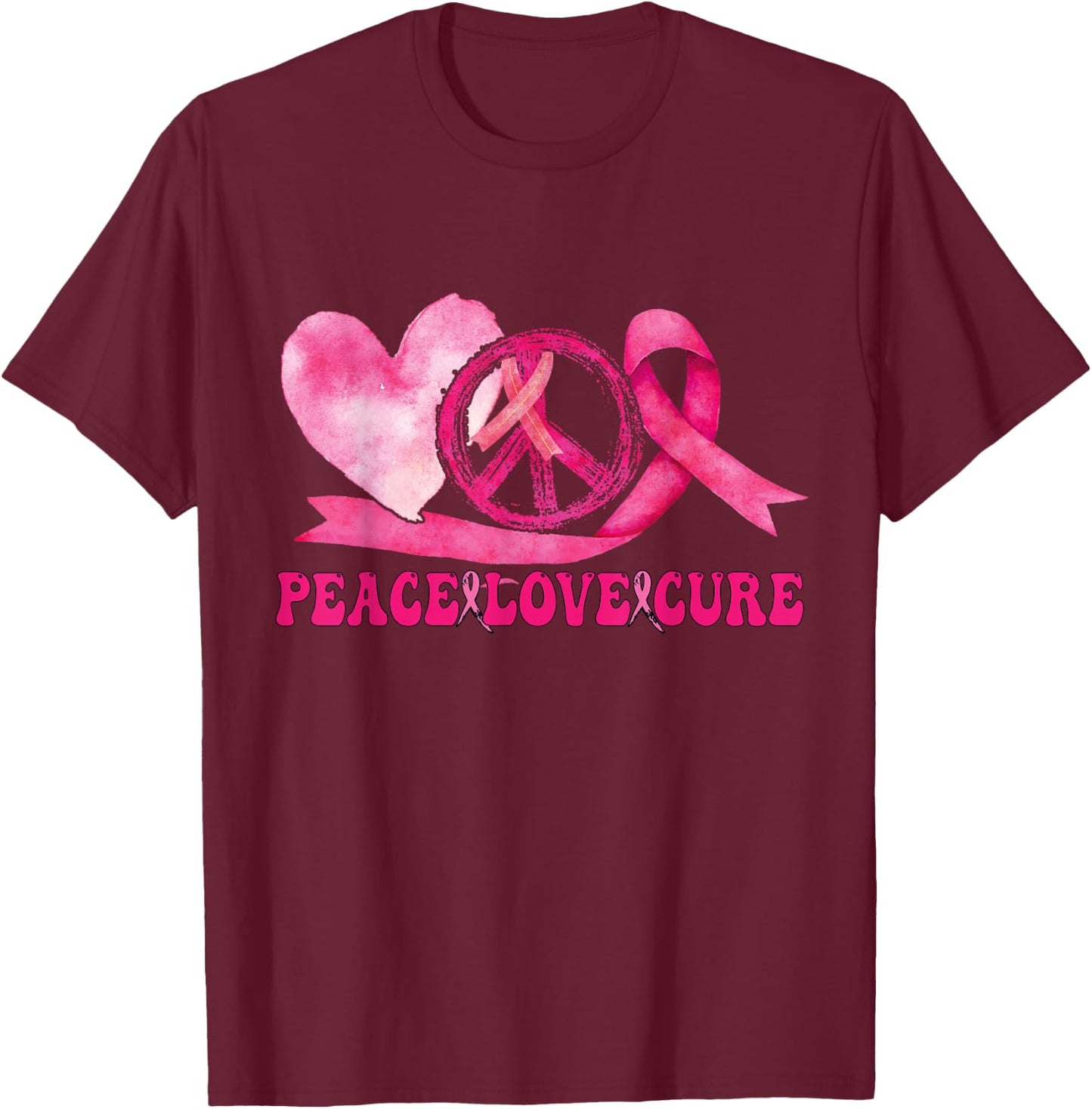Peace Love Cure Pink Ribbon Cancer Breast Awareness T-Shirt - T-Shirt | Maroon