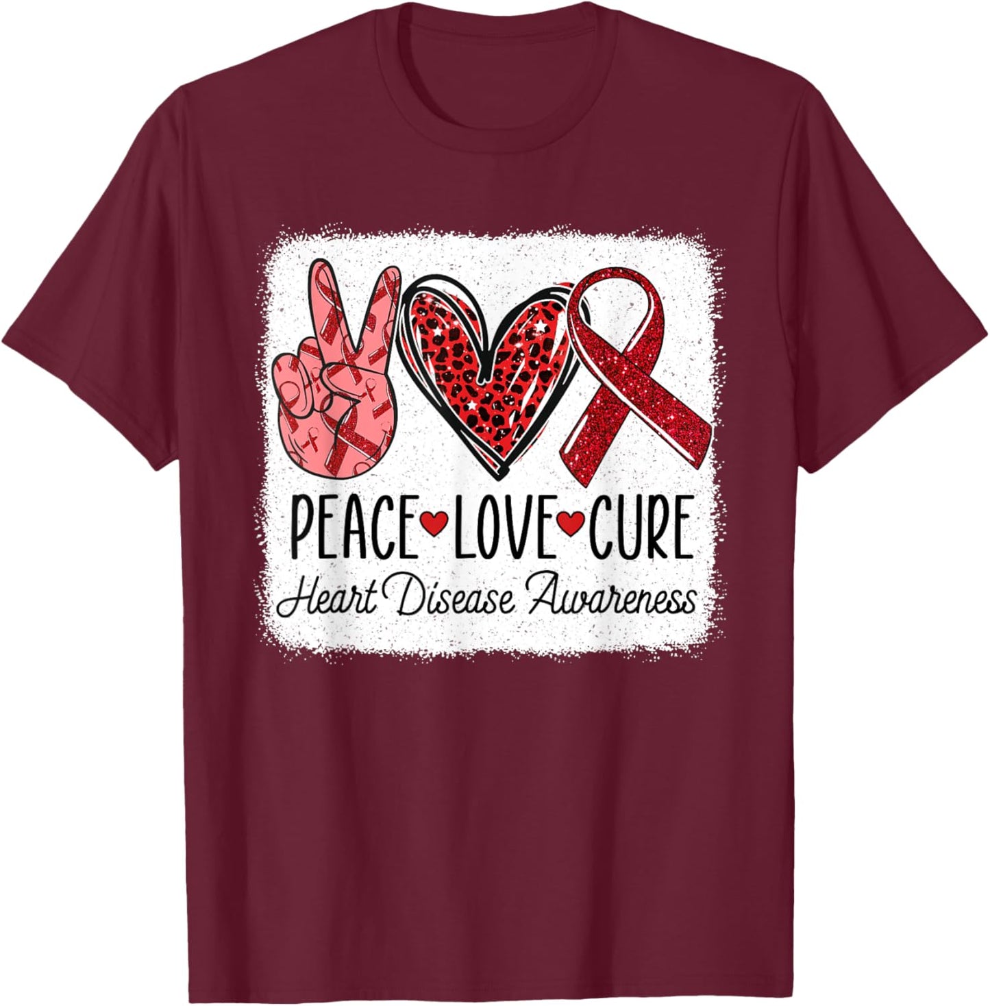 Peace Love Cure Heart Disease Awareness CHD Support Wear Red T-Shirt - T-Shirt | Maroon