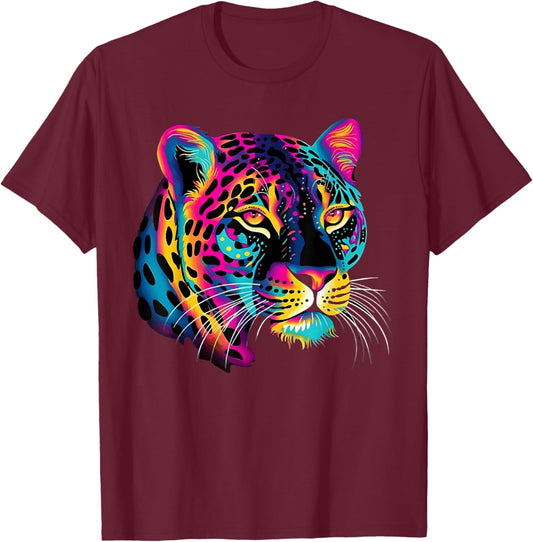 Rainbow Colorful Jaguar Big Cat Lover Print Graphic Design T-Shirt - T-Shirt | Maroon
