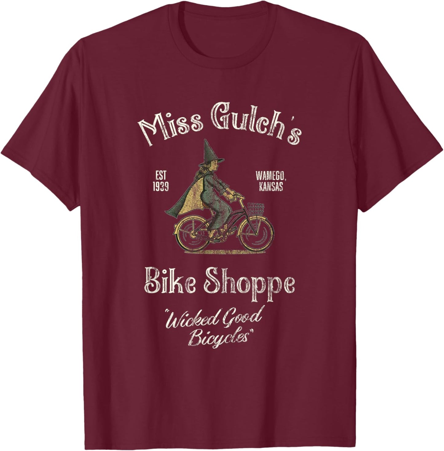 Miss Gulch's Bike Shop, Distressed Funny Halloween T-Shirt - T-Shirt | Maroon
