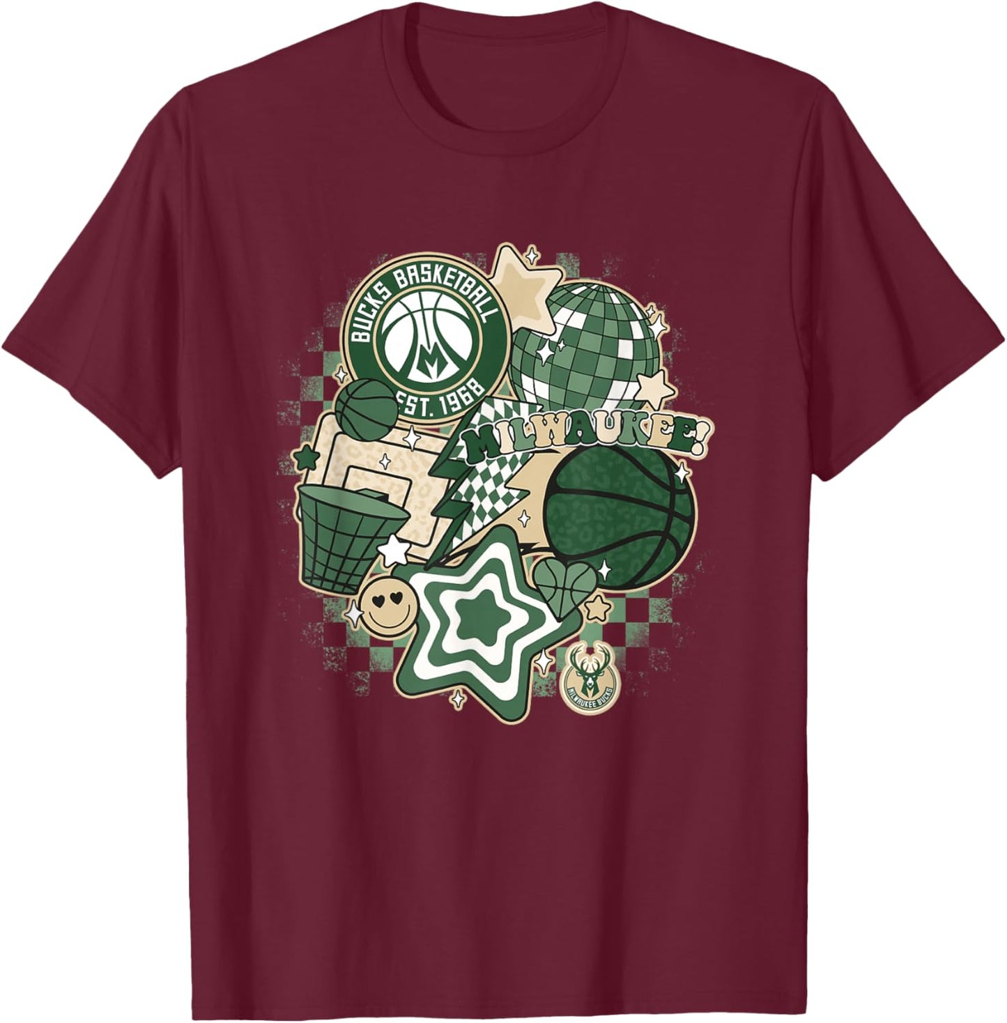 NBA Milwaukee Bucks Psychedelic Basketball Collage T-Shirt - T-Shirt | Maroon