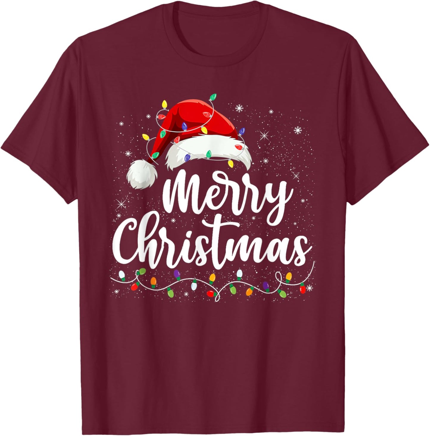 Merry Christmas Lights Red Santa Hat Xmas Family Men Women T-Shirt - T-Shirt | Maroon
