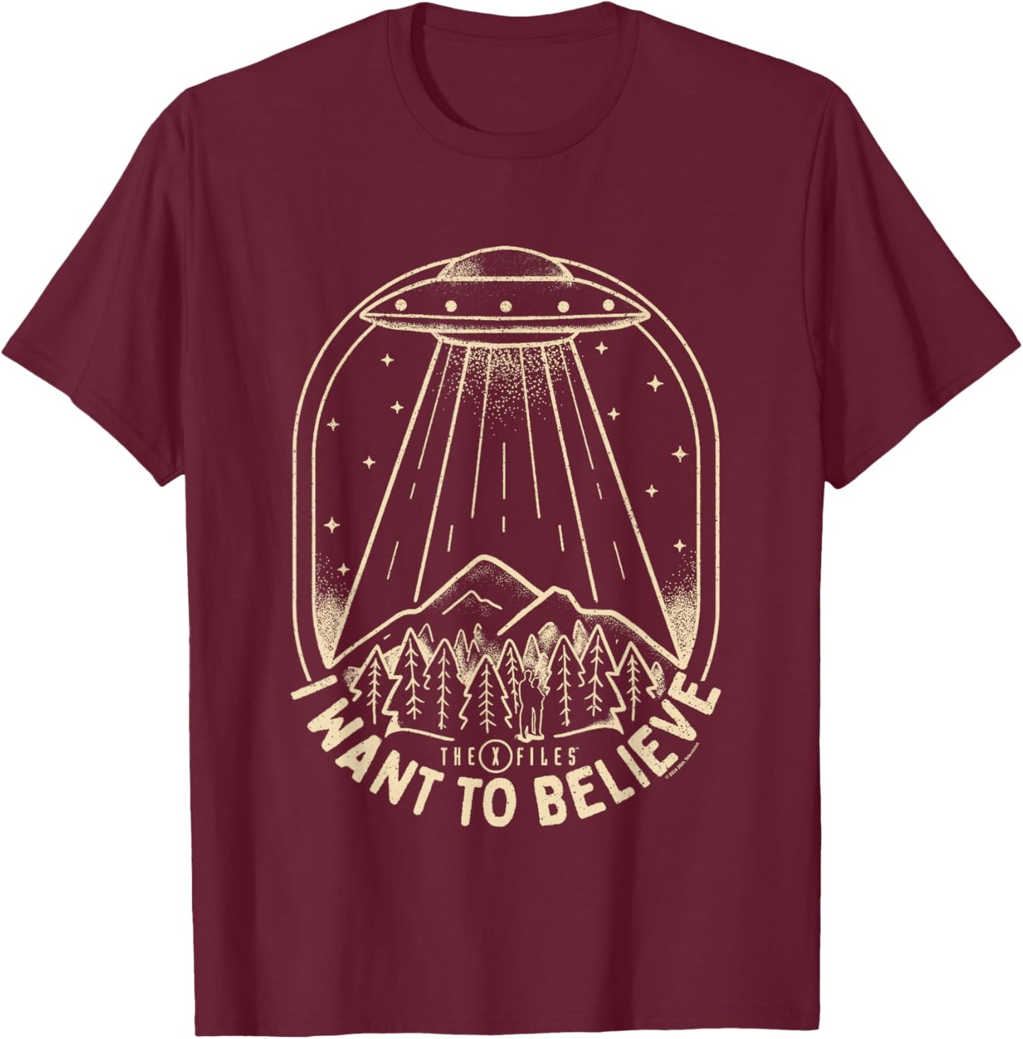 X-Files Iconic UFO I Want To Believe Distressed Silhouette T-Shirt - T-Shirt | Maroon