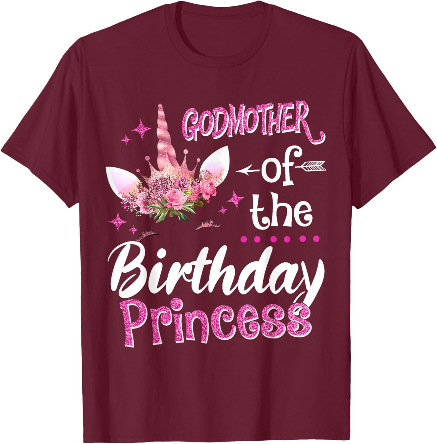 Godmother Of The Birthday Princess Unicorn Flower Mommy T-Shirt - T-Shirt | Maroon