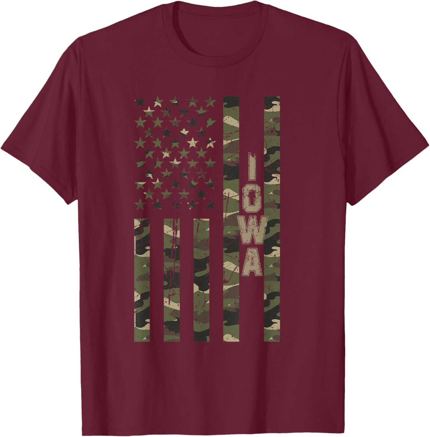 Iowa United States Distressed Camo w US Flag T-Shirt - T-Shirt | Maroon