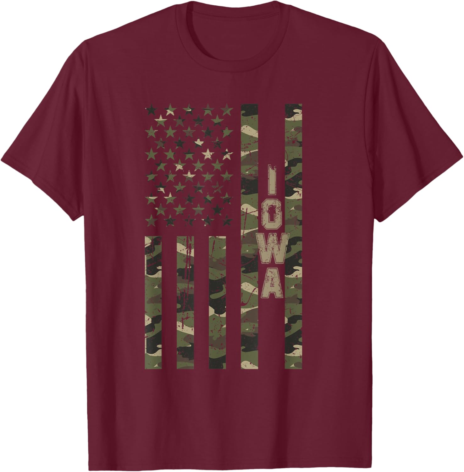 Iowa United States Distressed Camo w US Flag T-Shirt - T-Shirt | Maroon