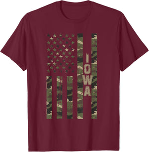 Iowa United States Distressed Camo w US Flag T-Shirt - T-Shirt | Maroon