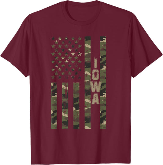Iowa United States Distressed Camo w US Flag T-Shirt - T-Shirt | Maroon