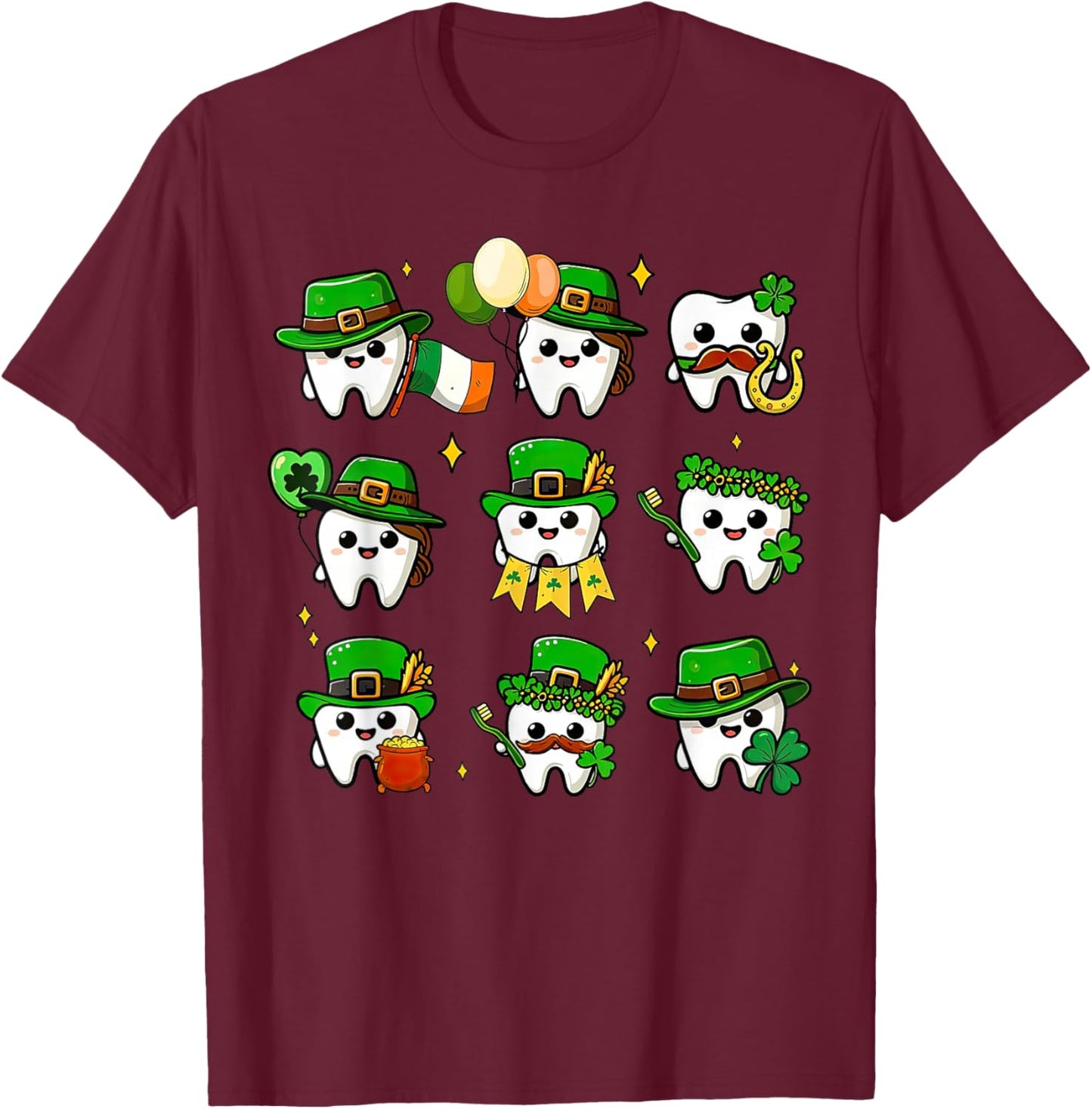 Dental Teeth St Patrick's Day Irish Dentist Shamrock T-Shirt - T-Shirt | Maroon