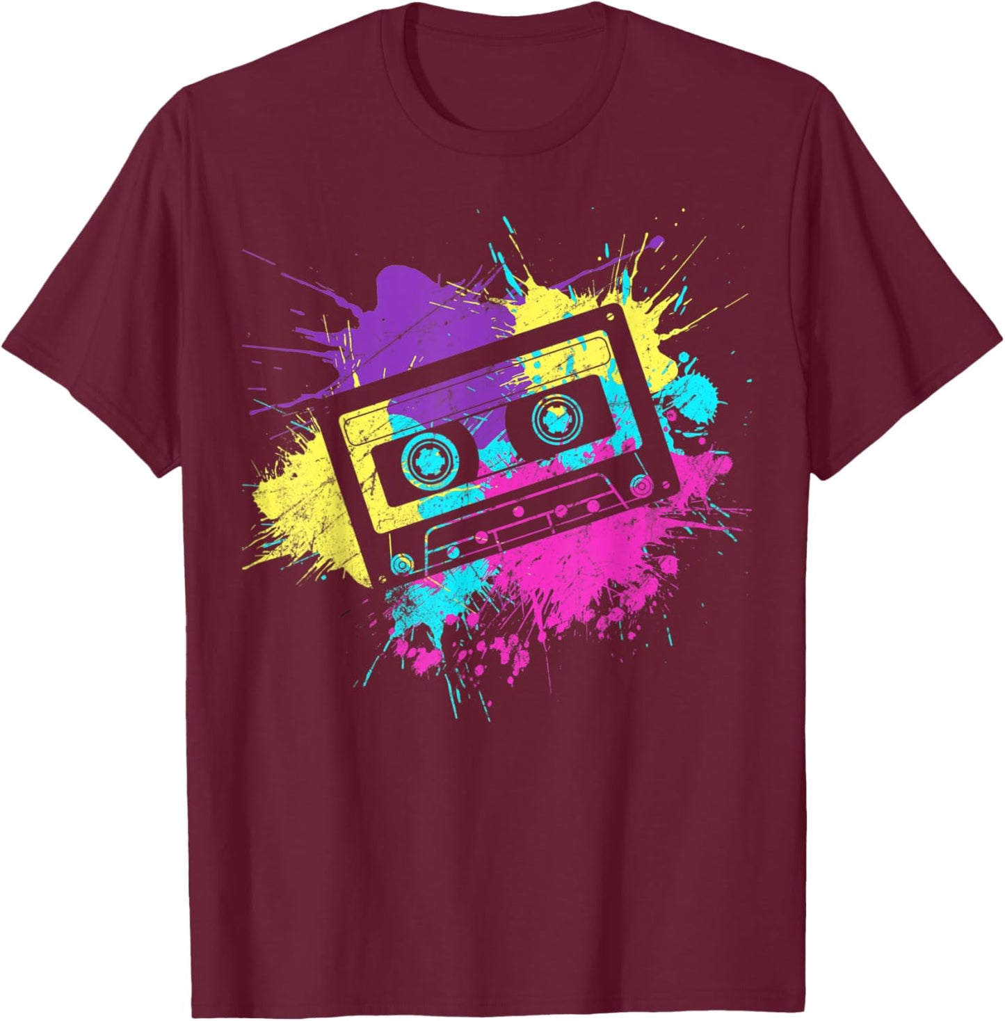 80s vibe Retro 90s vibe Cassette paint splash costume party T-Shirt - T-Shirt | Maroon