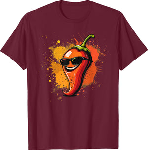 Chili Sunglasses Face for spicy and hot Food Lovers T-Shirt - T-Shirt | Maroon