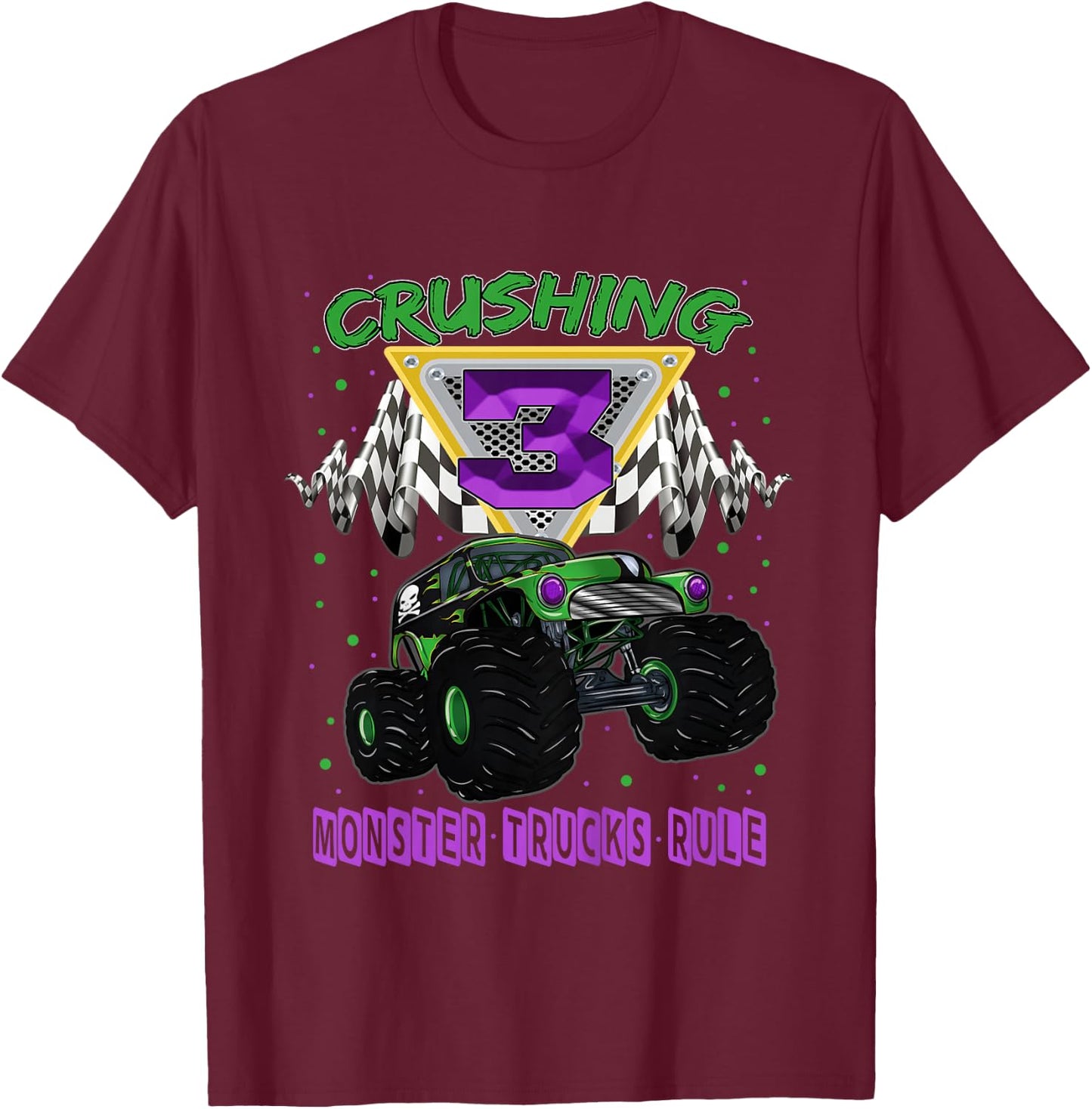 Monster Truck Crushing 3 Years Old Three 3rd Birthday T-Shirt - T-Shirt | Maroon