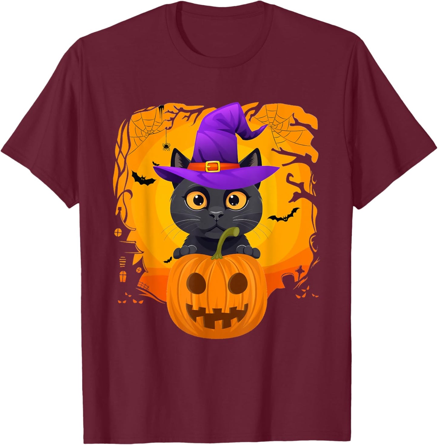 Cute Black Cat Halloween Pumpkin Costume witch Hat Kids T-Shirt - T-Shirt | Maroon