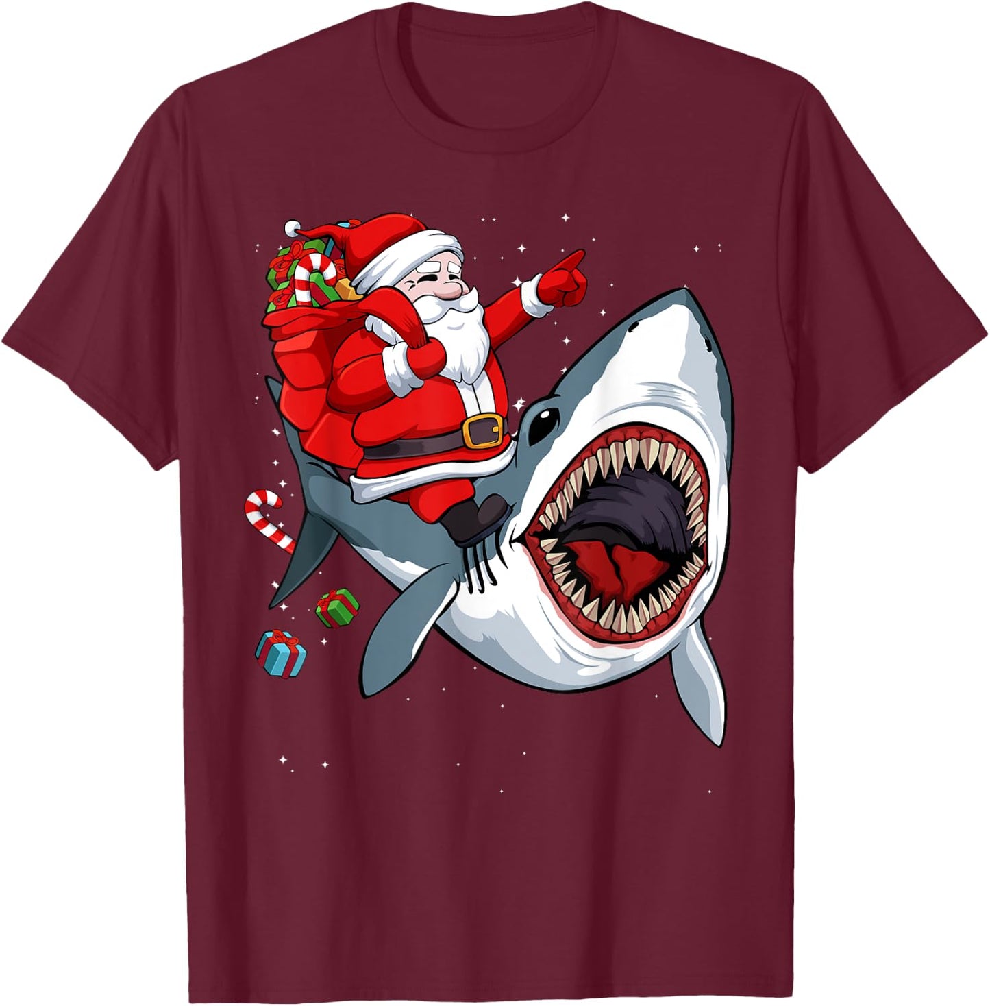 Santa Riding Shark Christmas Pajama Cute Ocean Animal X-Mas T-Shirt - T-Shirt | Maroon