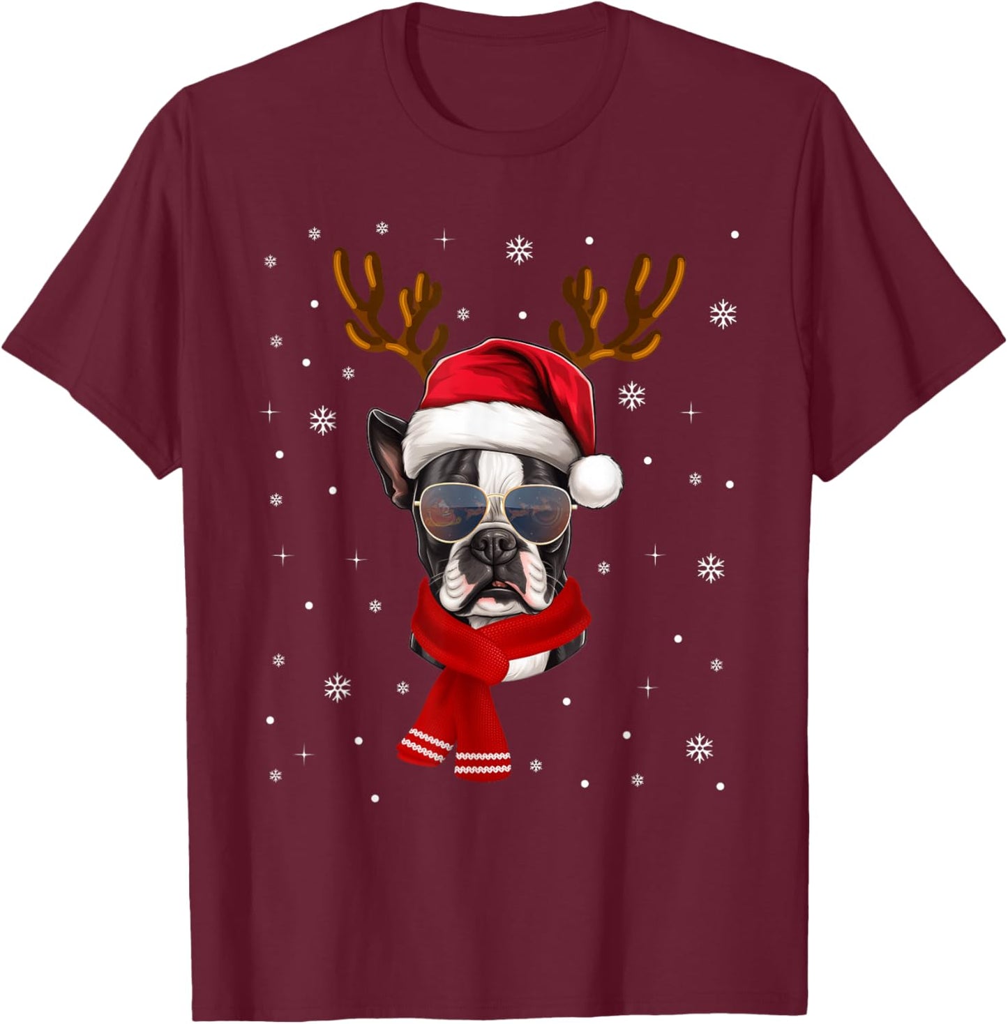 Funny Family Matching Reindeer Xmas Boston Terrier Christmas T-Shirt - T-Shirt | Maroon