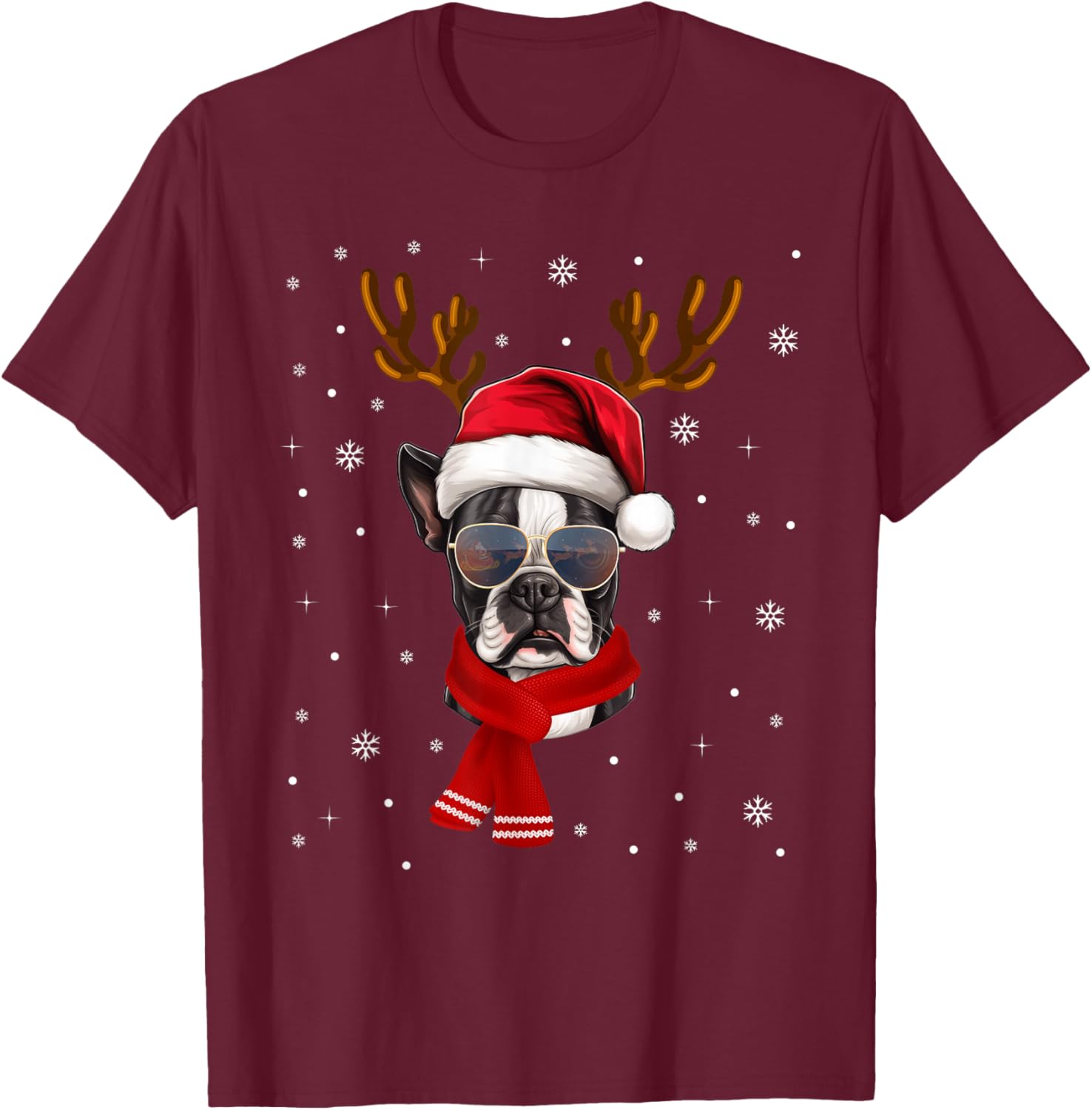 Funny Family Matching Reindeer Xmas Boston Terrier Christmas T-Shirt - T-Shirt | Maroon