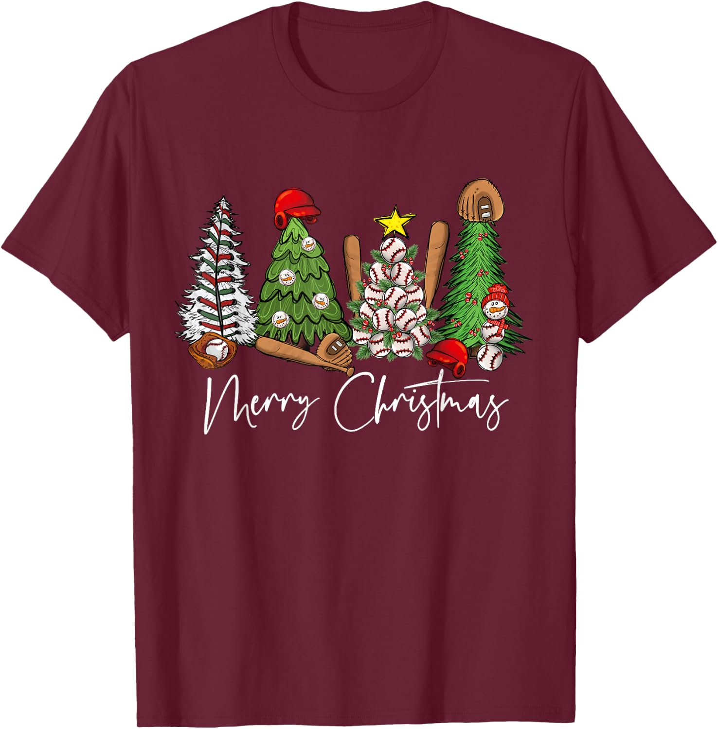 Merry Christmas Trees Baseball Xmas T-Shirt - T-Shirt | Maroon
