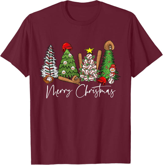 Merry Christmas Trees Baseball Xmas T-Shirt - T-Shirt | Maroon