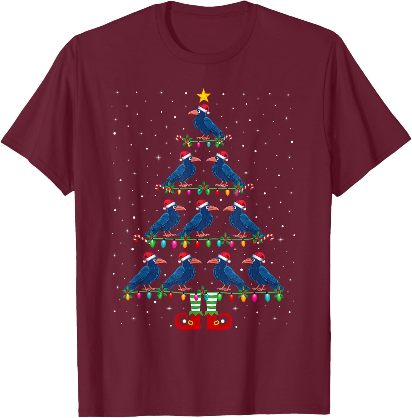 Christmas Tree Lights Santa Hat ELF Crow Xmas Tree T-Shirt - T-Shirt | Maroon