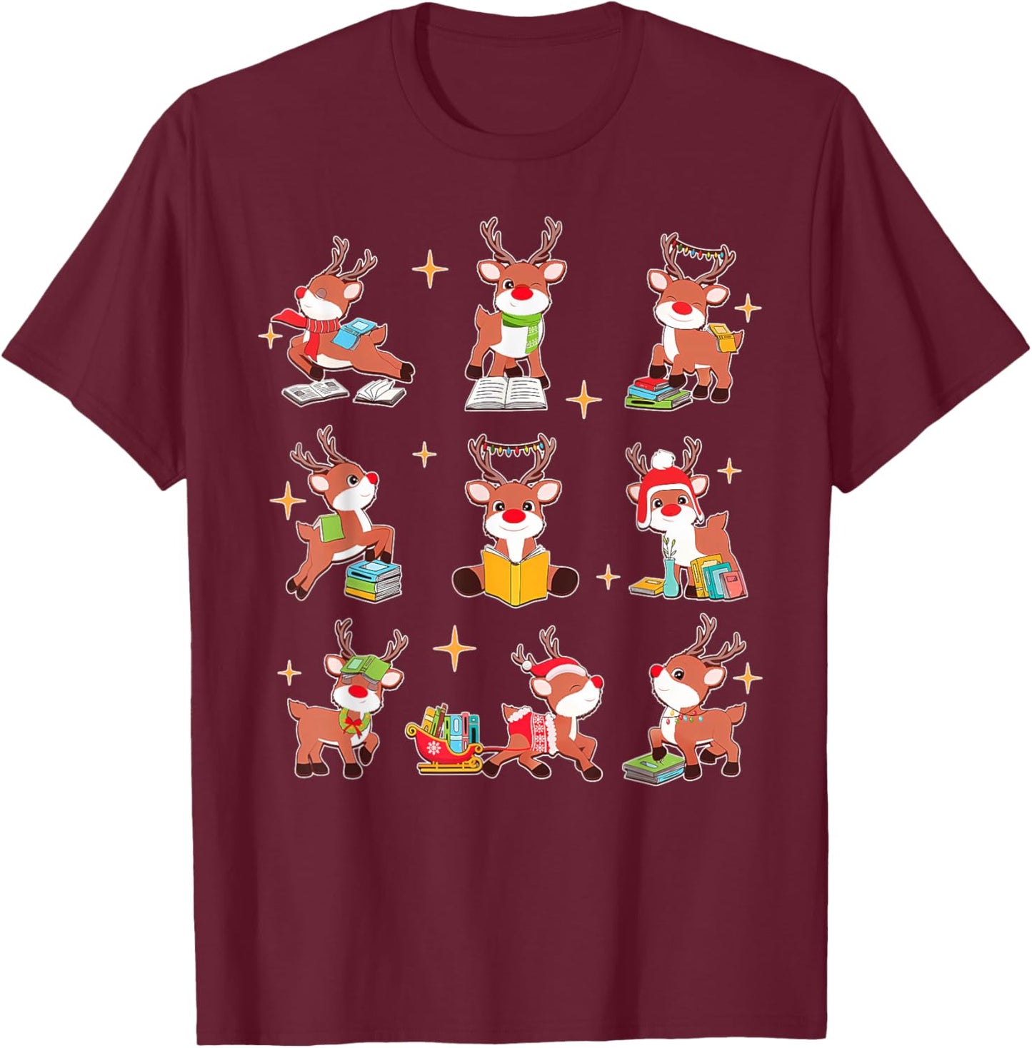 Funny Cute Reindeer Reading Teacher Christmas Book Lover T-Shirt - T-Shirt | Maroon