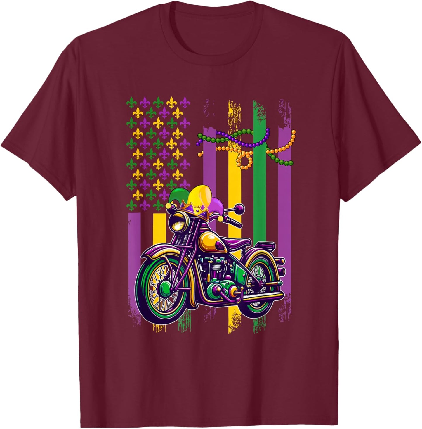 American Flag Mardi Gras Motorcycle Wearing Jester Hat Beads T-Shirt - T-Shirt | Maroon