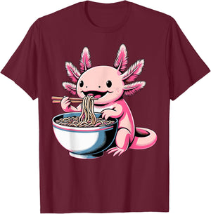 Axolotl Eating Ramen Lover Kawaii Axolotl T-Shirt - T-Shirt | Maroon