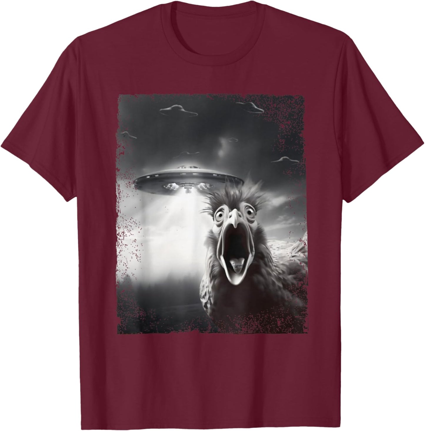 Funny Alien UFO Chicken Selfie with UFOs Weird T-Shirt - T-Shirt | Maroon