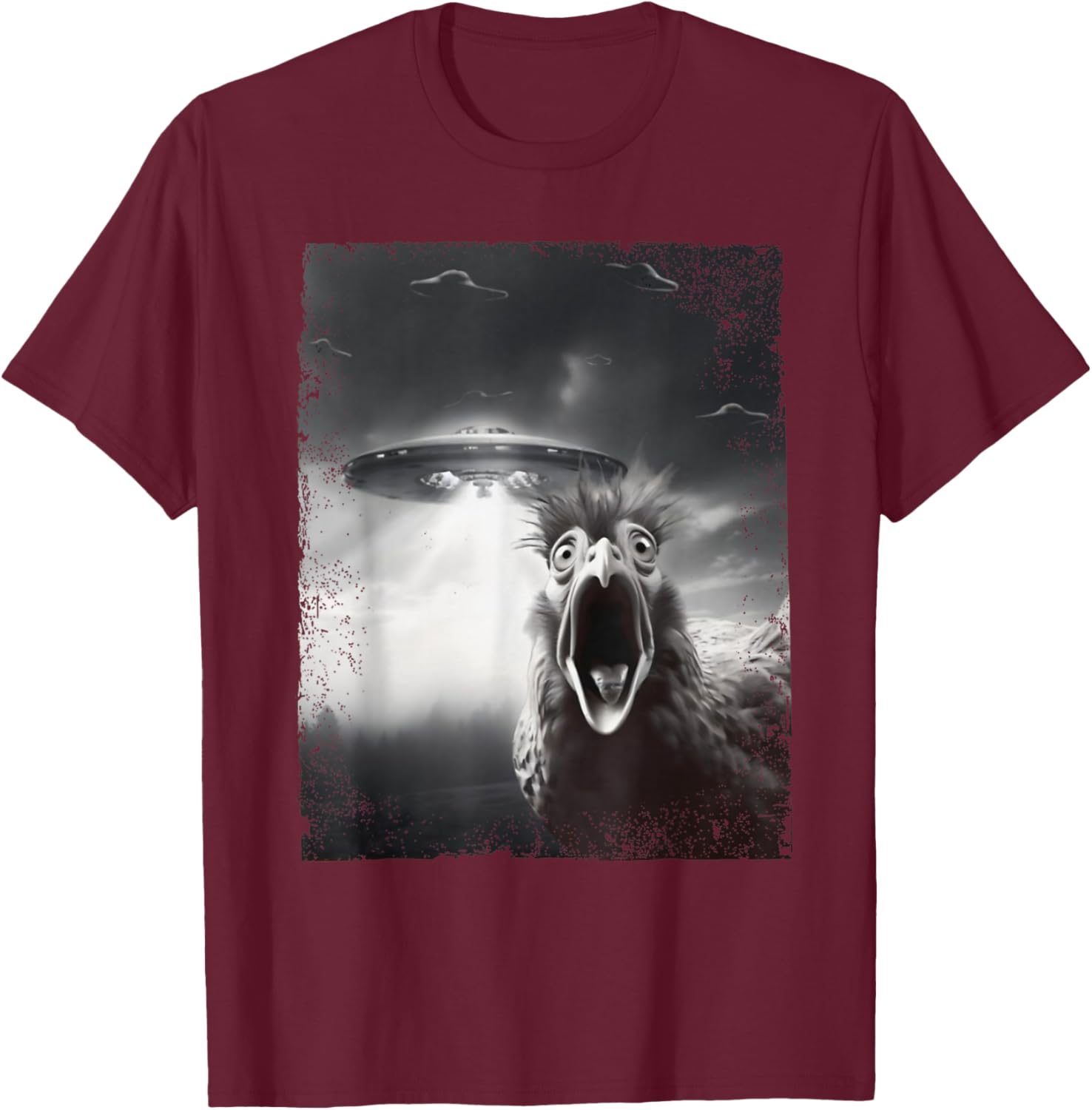Funny Alien UFO Chicken Selfie with UFOs Weird T-Shirt - T-Shirt | Maroon
