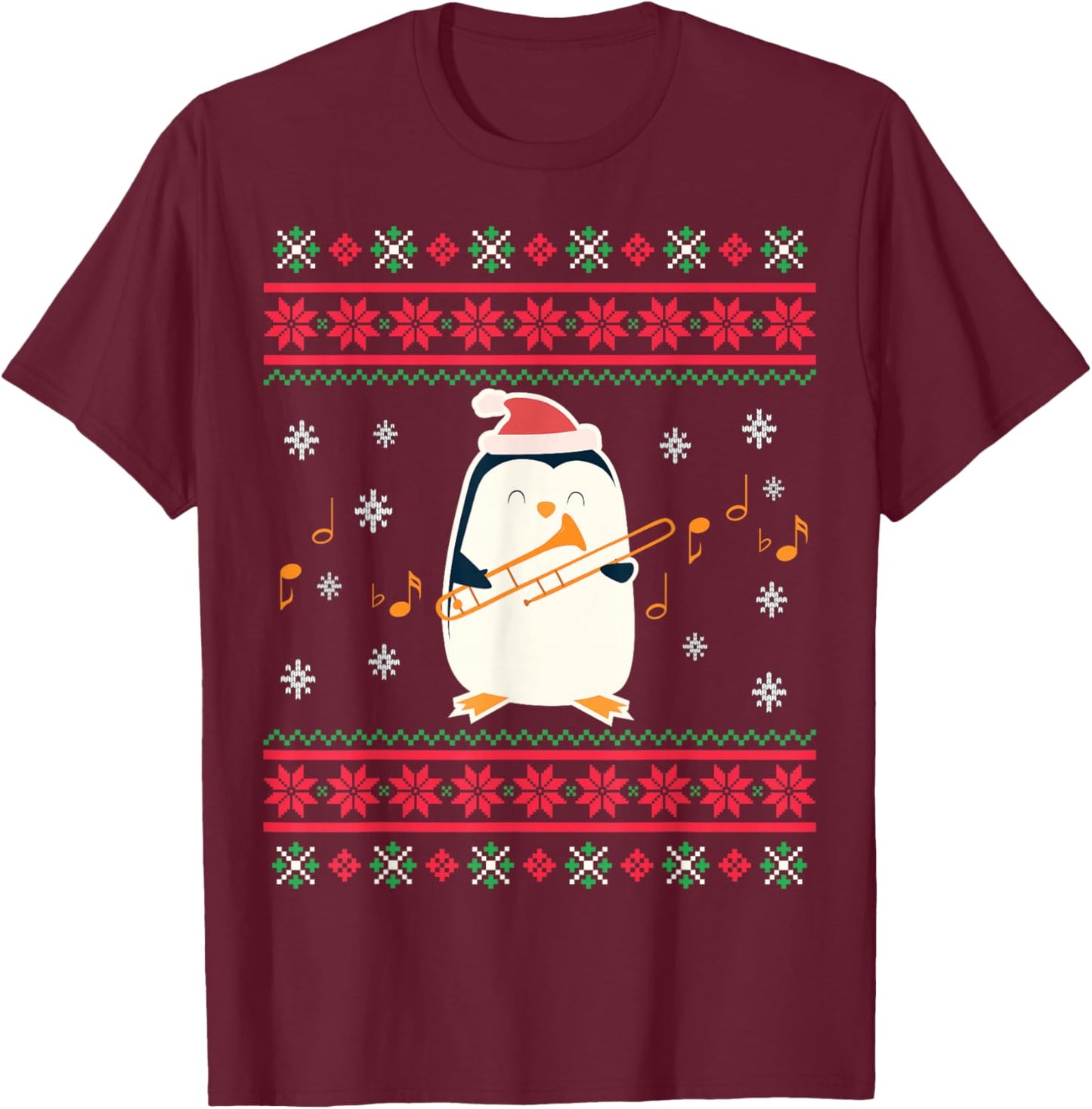 Santa Hat Penguin Playing Trombone Ugly Christmas Trombonist T-Shirt - T-Shirt | Maroon
