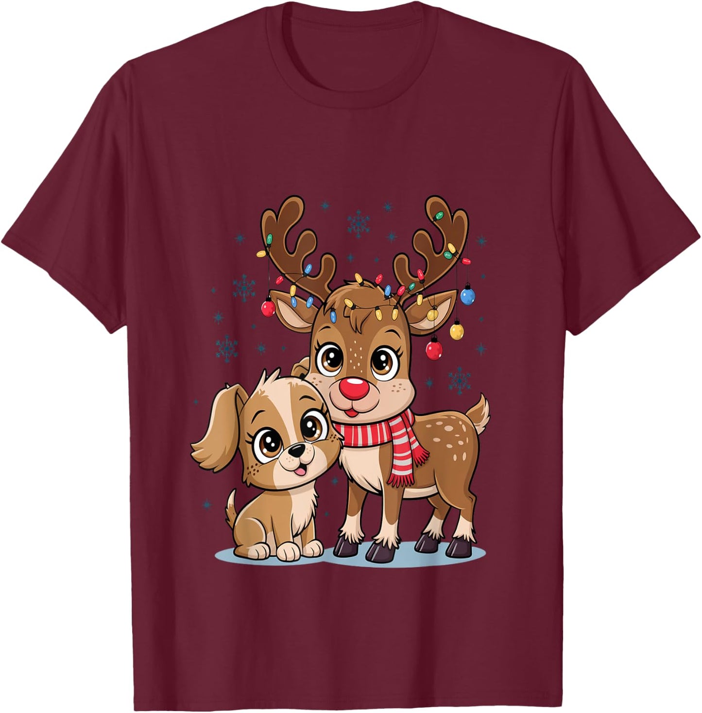 Adorable Puppy & Baby Reindeer Cute Christmas T-Shirt - T-Shirt | Maroon