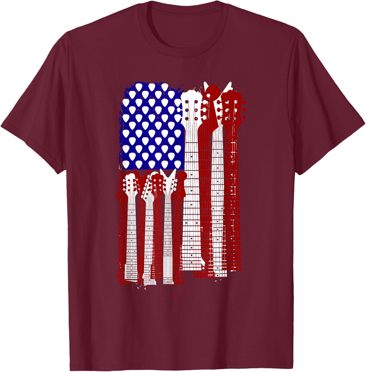 USA Flag Guitar and Plectrum Rock Concert Design | -Adults, Kids | Black, Small T-Shirt - T-Shirt | Maroon