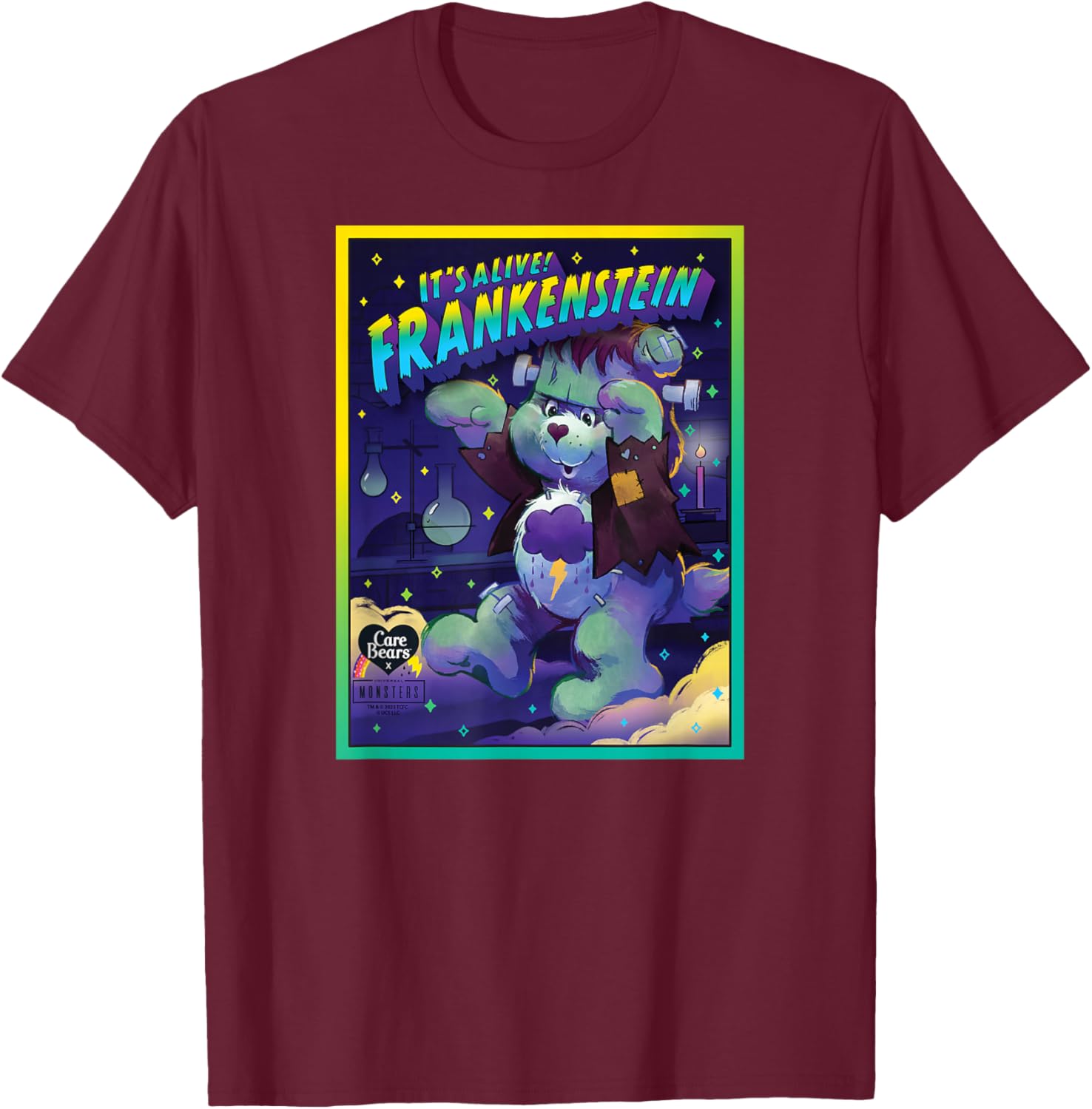 Care Bears x Universal Monsters Grumpy Bear Frankenstein T-Shirt - T-Shirt | Maroon
