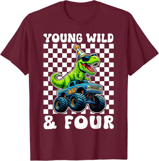 Young Wild & Four T-Rex Dino Monster Truck 4th Birthday T-Shirt - T-Shirt | Maroon