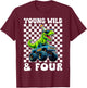 Young Wild & Four T-Rex Dino Monster Truck 4th Birthday T-Shirt - T-Shirt | Maroon