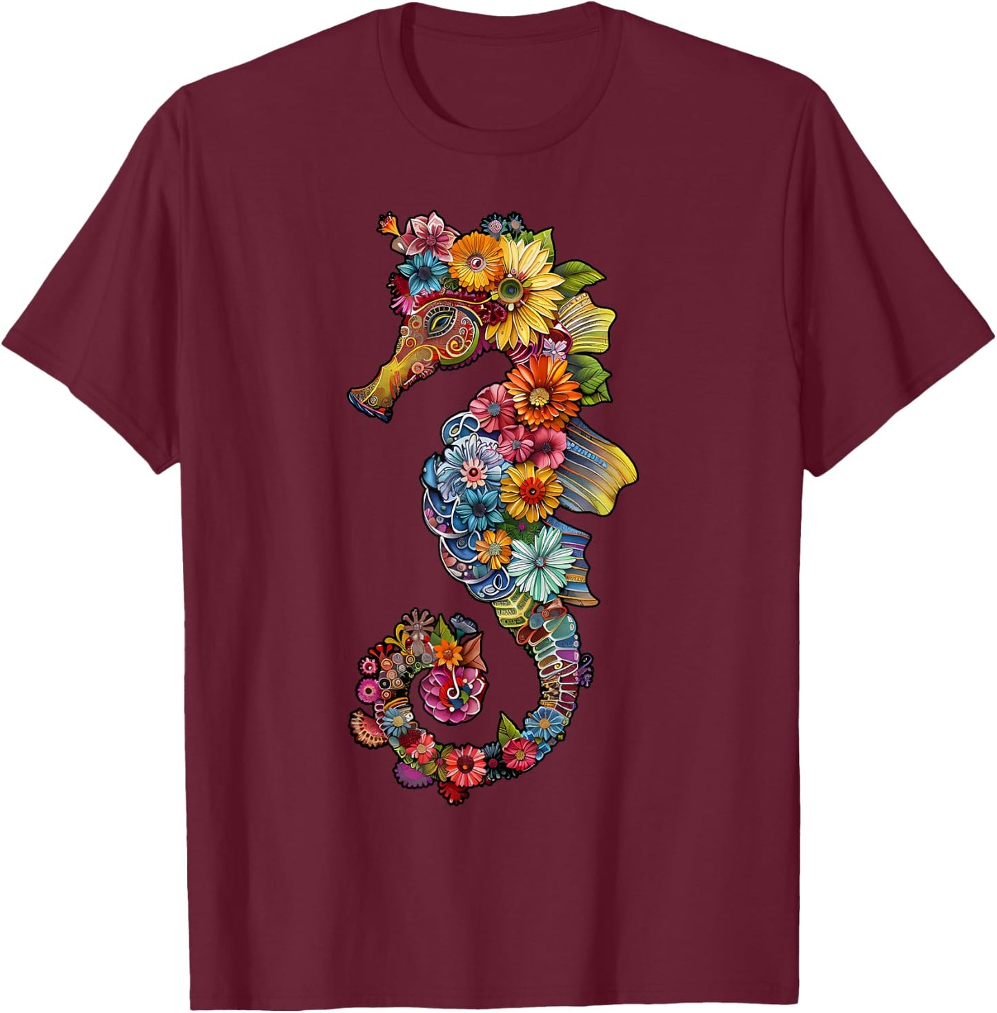 Floral Seahorse Ocean Animal Marine Beach Seahorse Flowers T-Shirt - T-Shirt | Maroon