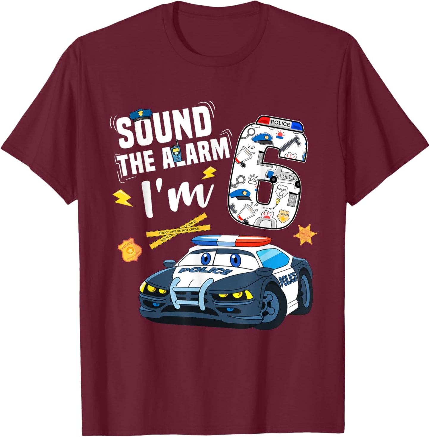 6th B-Day Police Car Police Boy Officer Birthday 6 Year Old T-Shirt - T-Shirt | Maroon