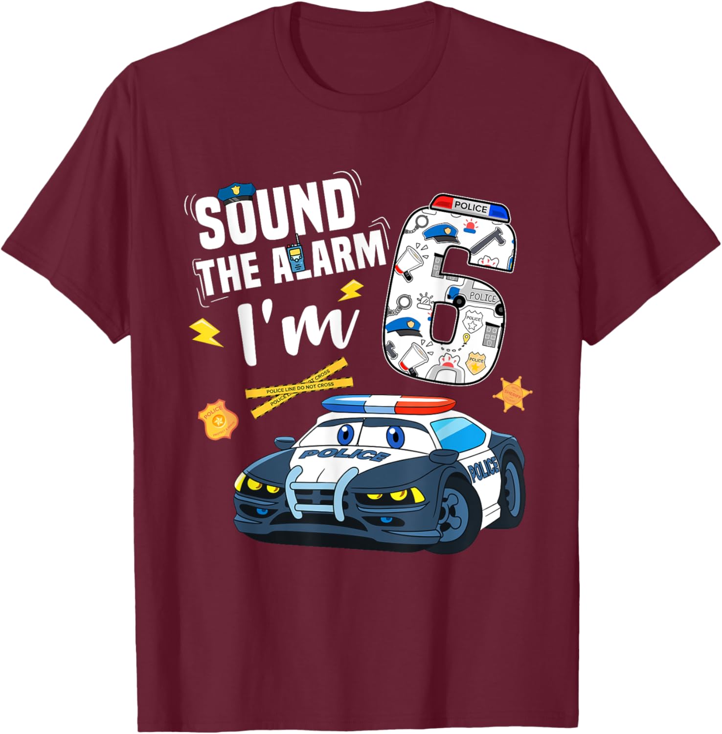 6th B-Day Police Car Police Boy Officer Birthday 6 Year Old T-Shirt - T-Shirt | Maroon