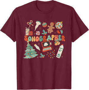 Groovy Retro Sonographer Christmas Ultrasound Tech Cardiac T-Shirt - T-Shirt | Maroon