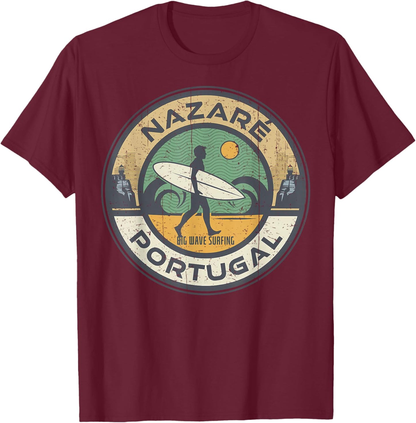 Vintage Nazare Portugal Beach Vintage Retro Surfing T-Shirt - T-Shirt | Maroon