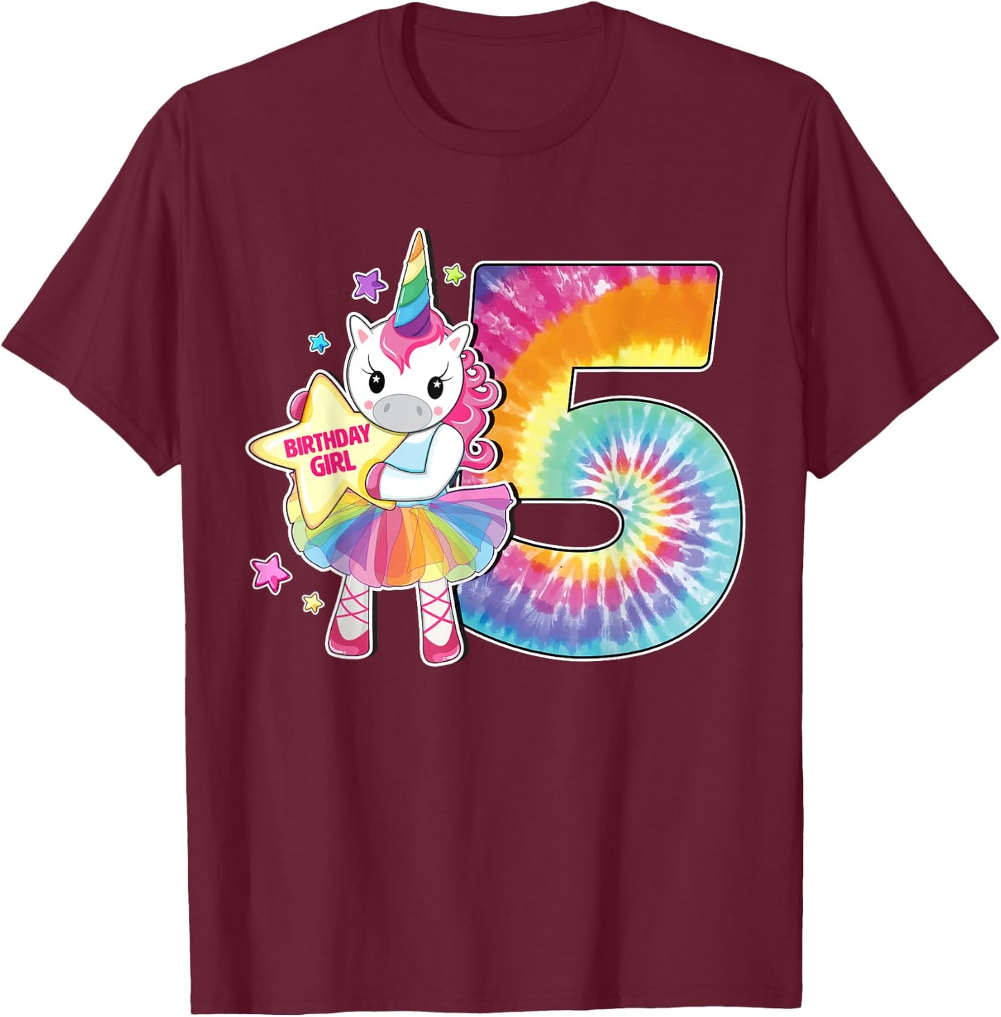 5th Birthday Unicorn Shirt Gift Girls Age 5 Tie Dye T-Shirt - T-Shirt | Maroon
