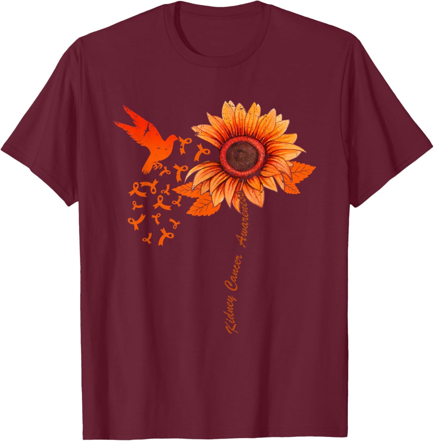 Floral Kidney Cancer Awareness Month Orange Ribbon T-Shirt - T-Shirt | Maroon