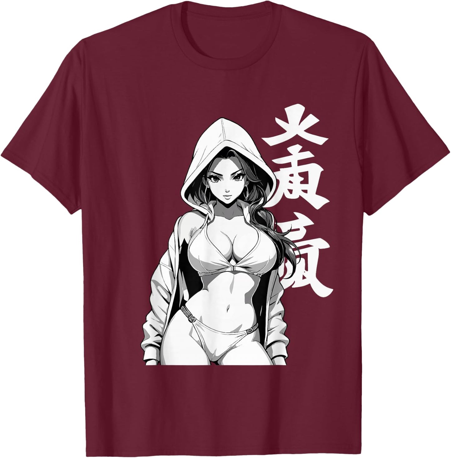 Sexy Waifu Sport Anime Girl Japanese in Black White Art T-Shirt - T-Shirt | Maroon