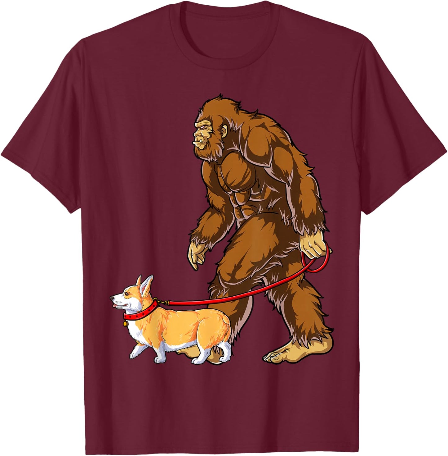 Bigfoot Dog Walk Corgi Funny Sasquatch Lovers Men Women T-Shirt - T-Shirt | Maroon