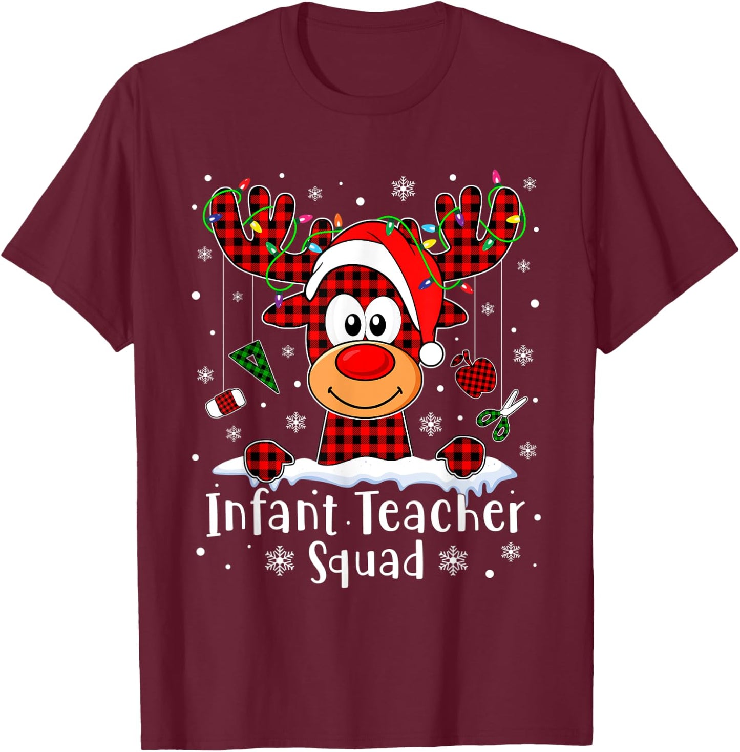 Infant Teacher Squad Reindeer Xmas Buffalo Plaid Christmas Men Women T-Shirt - T-Shirt | Maroon