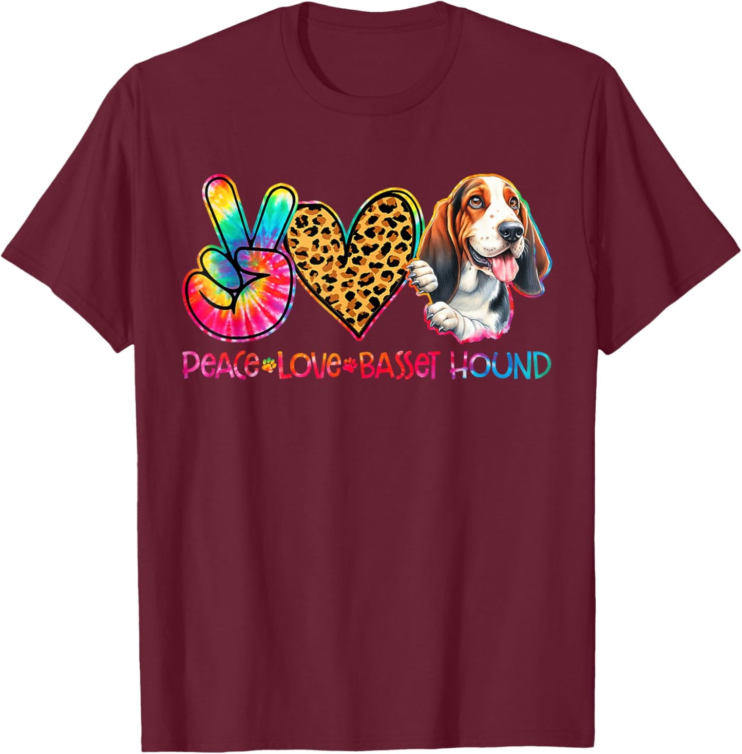 Peace Love Basset Hound Tie Dye Dog Lover Women Kids T-Shirt - T-Shirt | Maroon
