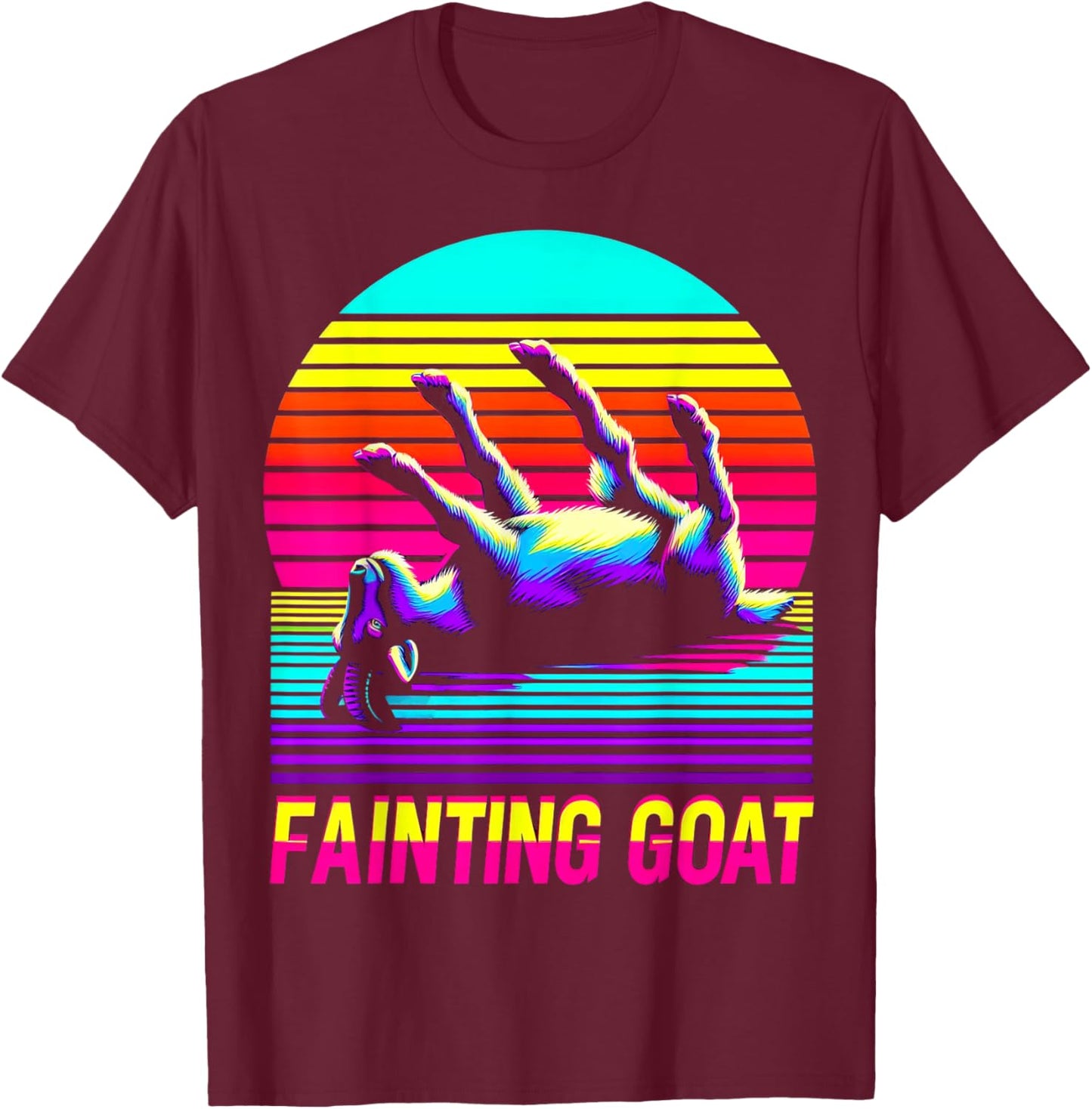 Retro Sunset Fainting Goat - Funny Animal Vaporwave T-Shirt - T-Shirt | Maroon