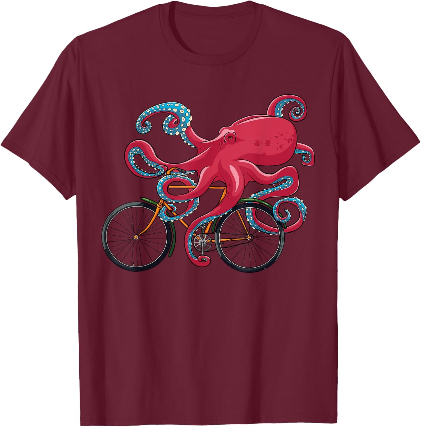Octopus On Bicycle Cycling Eight Long Arms Graphic Print T-Shirt - T-Shirt | Maroon
