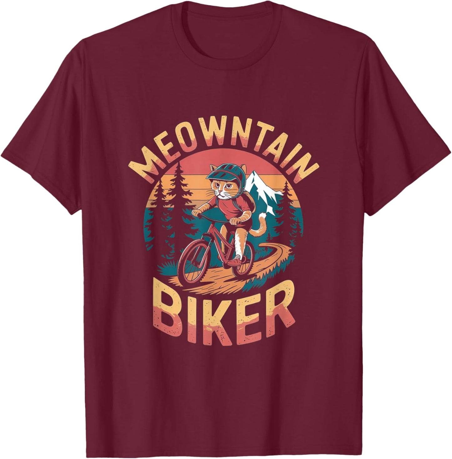 Retro Mountain Biker Pun - Funny Mountain Biking Cat T-Shirt - T-Shirt | Maroon