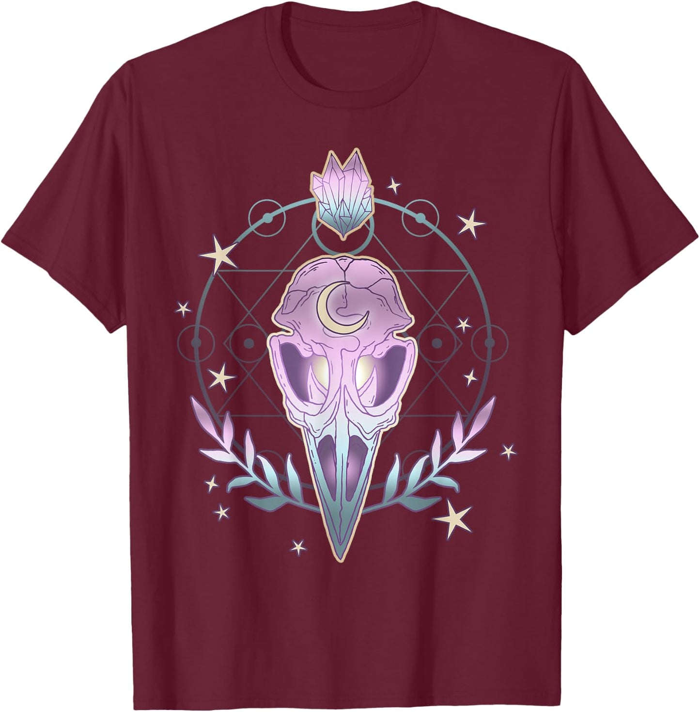 Pastel Goth Creepy Bird Skull - Moon Crystals Aesthetic Gift T-Shirt - T-Shirt | Maroon